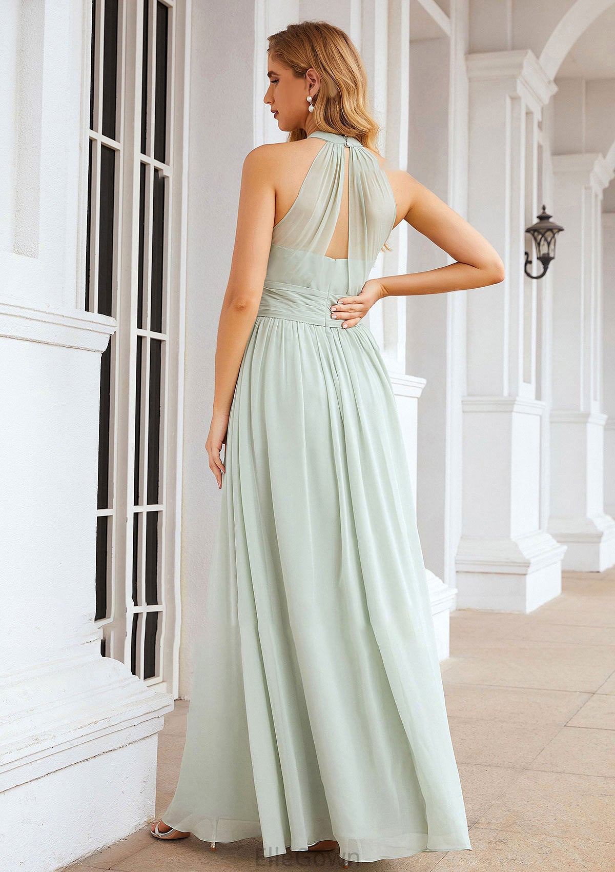 A-line High-Neck Sleeveless Long/Floor-Length Chiffon Bridesmaid Dresses With Pleated Katie DEP0025326