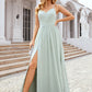 A-line V Neck Sleeveless Long/Floor-Length Chiffon Bridesmaid Dresses With Pleated Split Harper DEP0025327