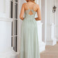 A-line V Neck Sleeveless Long/Floor-Length Chiffon Bridesmaid Dresses With Pleated Split Harper DEP0025327