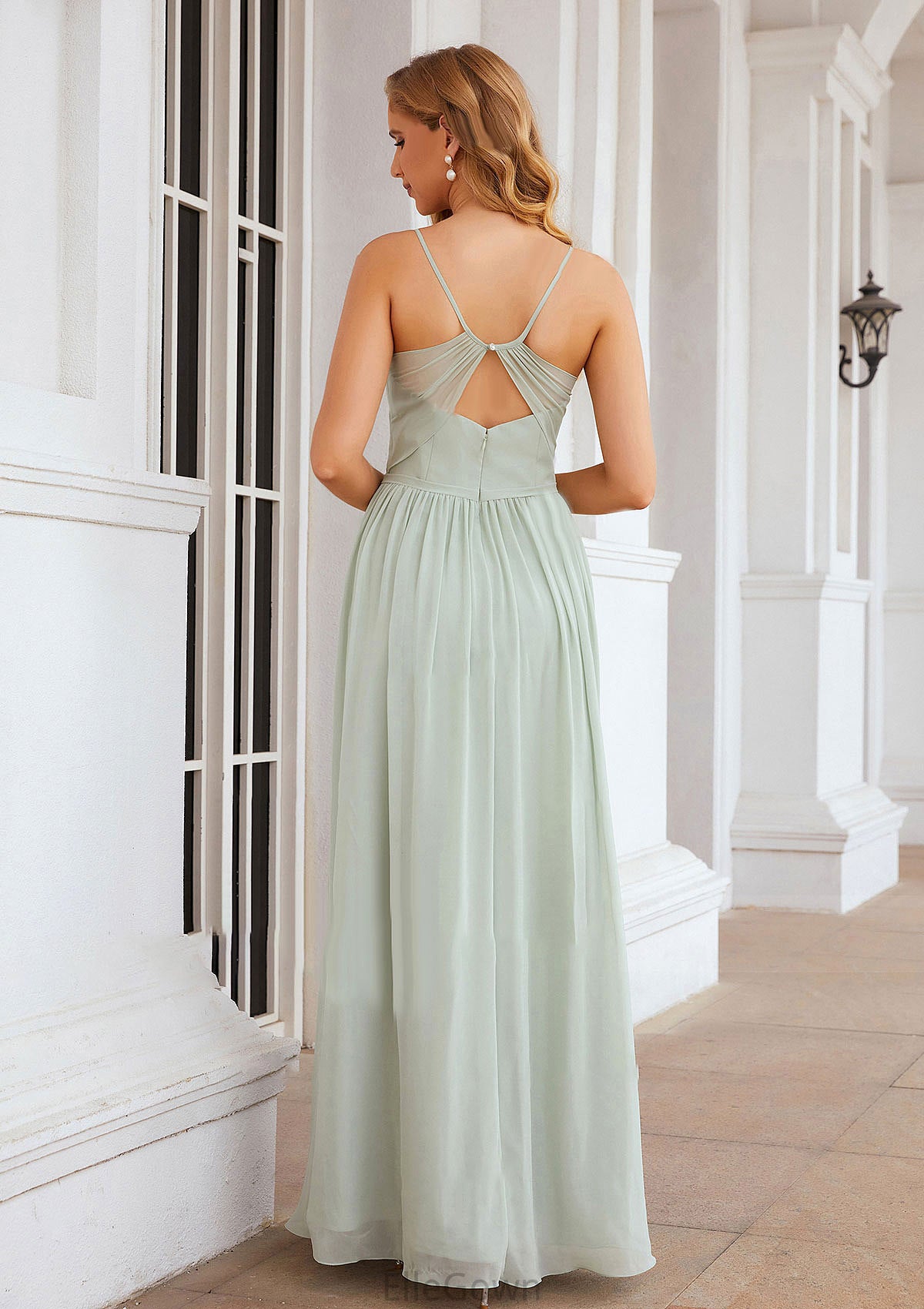 A-line V Neck Sleeveless Long/Floor-Length Chiffon Bridesmaid Dresses With Pleated Split Harper DEP0025327