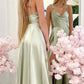 A-line Cowl Neck Spaghetti Straps Long/Floor-Length Charmeuse Bridesmaid Dresses With Split Hadley DEP0025330