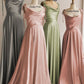 A-line Cowl Neck Spaghetti Straps Long/Floor-Length Charmeuse Bridesmaid Dresses With Split Hadley DEP0025330