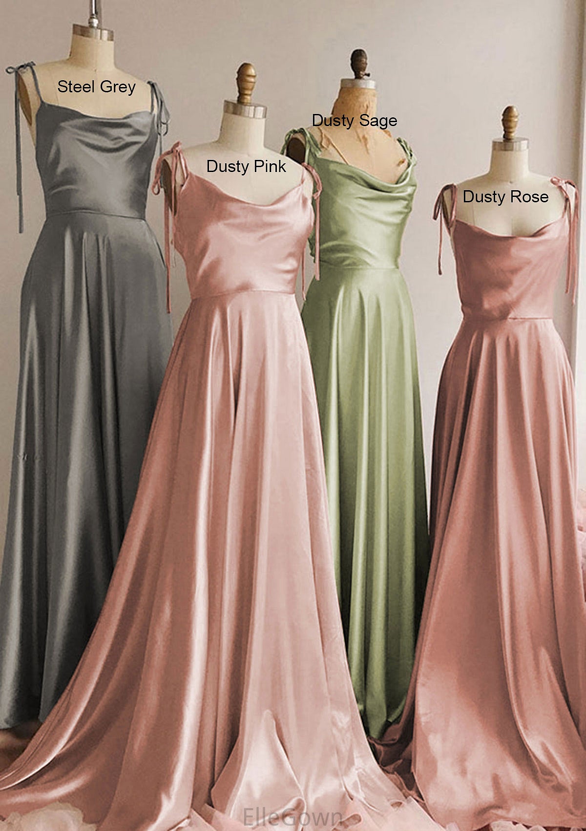 A-line Cowl Neck Spaghetti Straps Long/Floor-Length Charmeuse Bridesmaid Dresses With Split Hadley DEP0025330