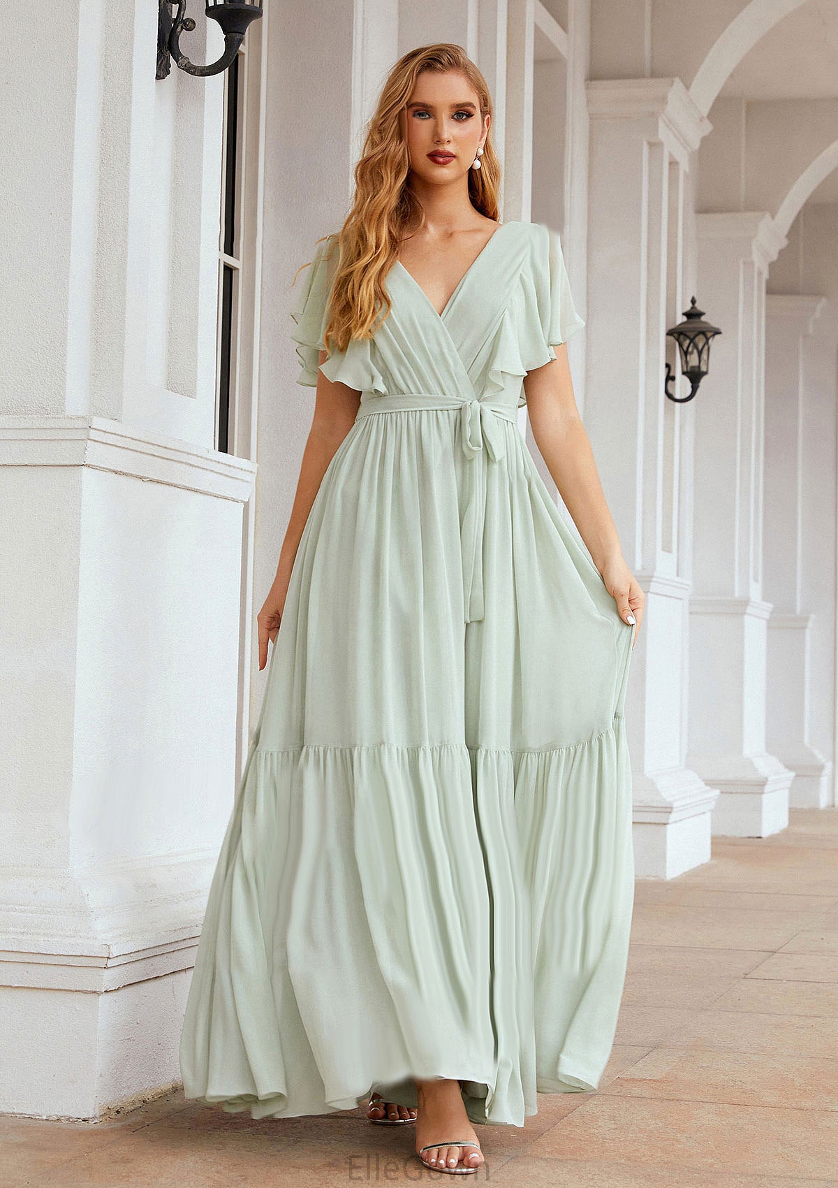 A-line V Neck Short Sleeve Chiffon Long/Floor-Length Bridesmaid Dresses With Pleated Miriam DEP0025331