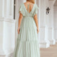 A-line V Neck Short Sleeve Chiffon Long/Floor-Length Bridesmaid Dresses With Pleated Miriam DEP0025331