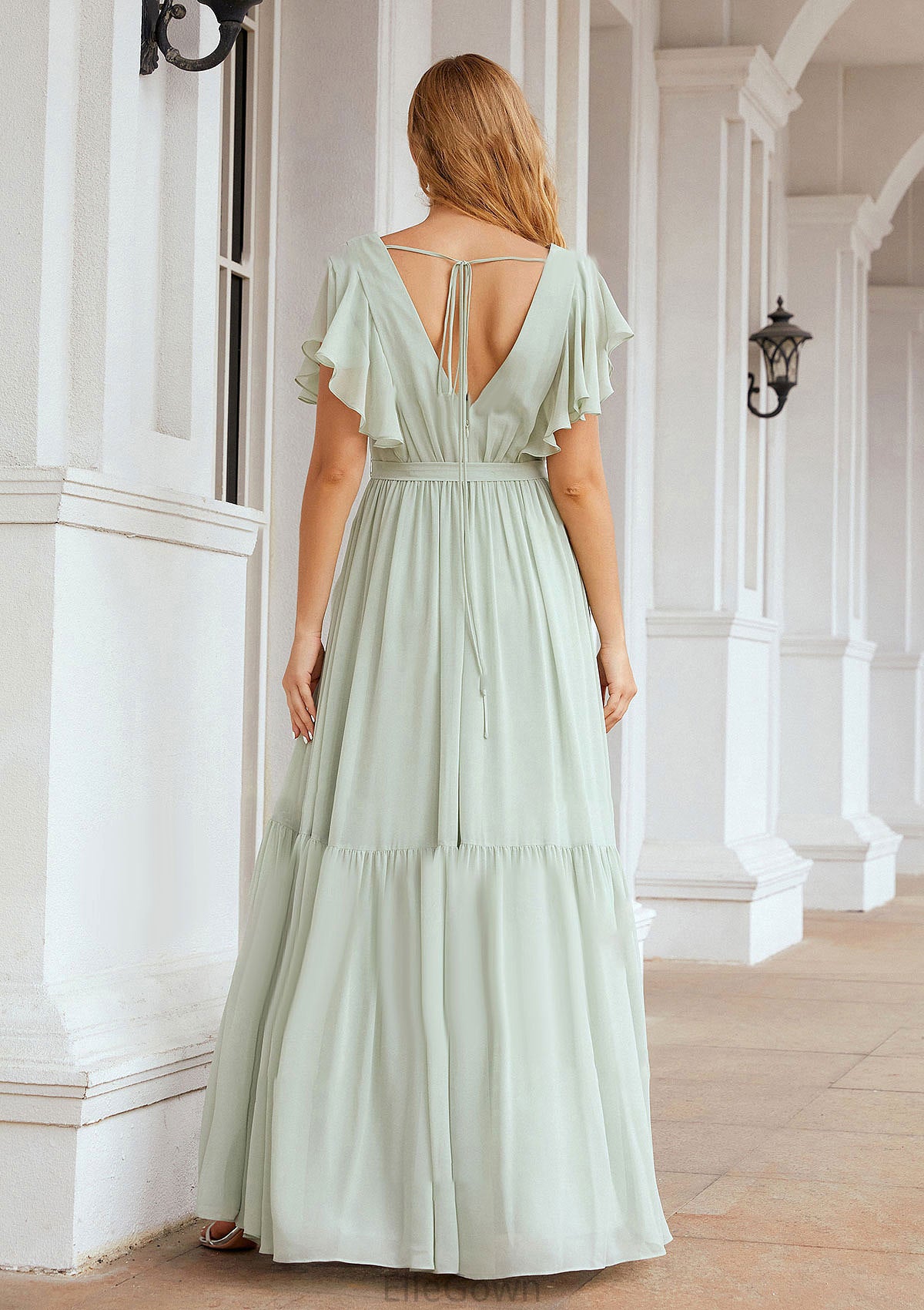 A-line V Neck Short Sleeve Chiffon Long/Floor-Length Bridesmaid Dresses With Pleated Miriam DEP0025331