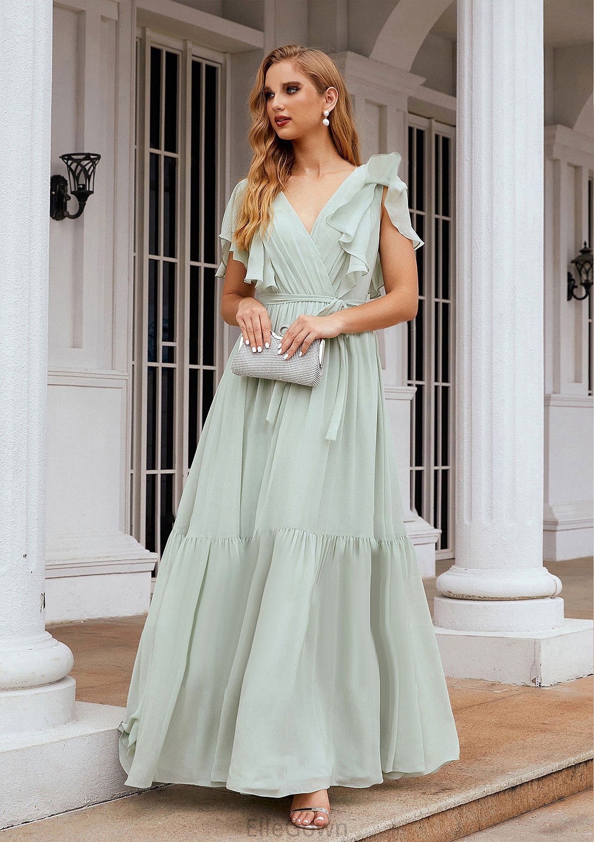 A-line V Neck Short Sleeve Chiffon Long/Floor-Length Bridesmaid Dresses With Pleated Miriam DEP0025331