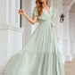 A-line V Neck Short Sleeve Chiffon Long/Floor-Length Bridesmaid Dresses With Pleated Miriam DEP0025331