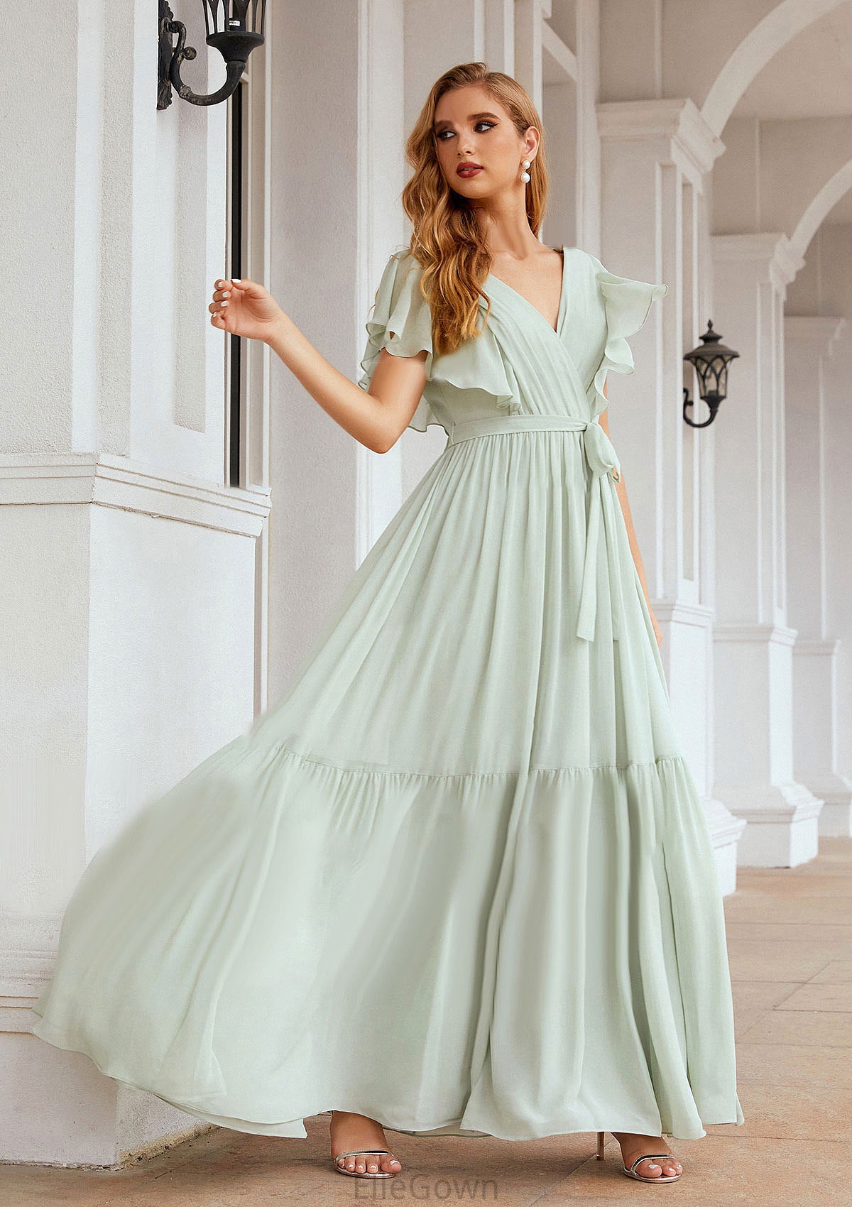 A-line V Neck Short Sleeve Chiffon Long/Floor-Length Bridesmaid Dresses With Pleated Miriam DEP0025331