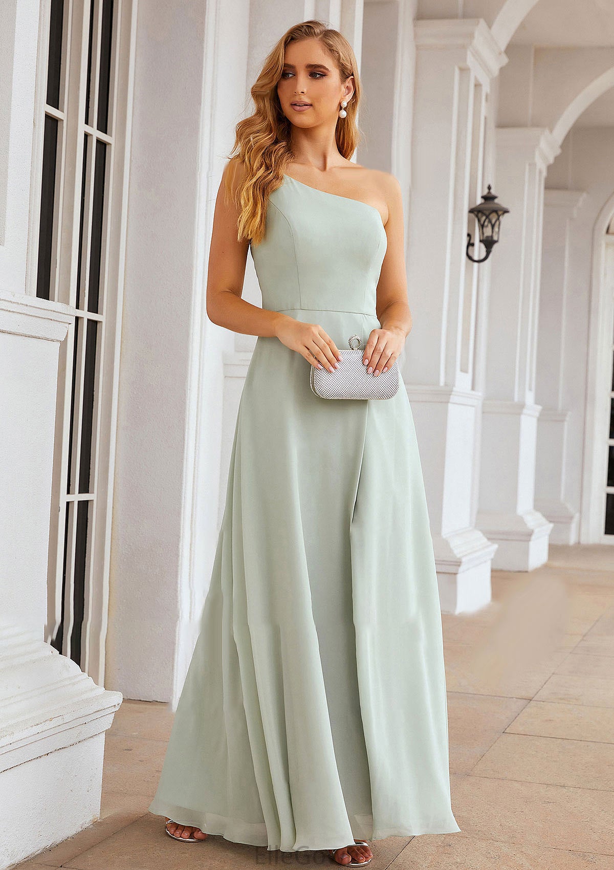 A-line One-Shoulder Sleeveless Long/Floor-Length Chiffon Bridesmaid Dresses With Split Ximena DEP0025333