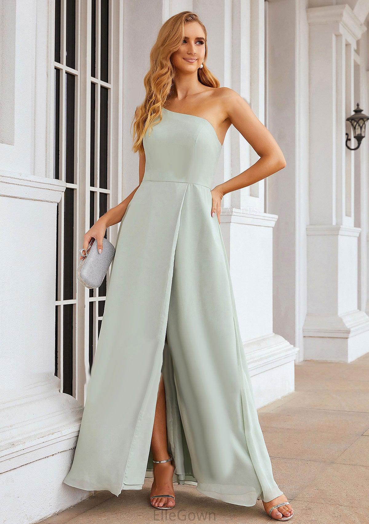 A-line One-Shoulder Sleeveless Long/Floor-Length Chiffon Bridesmaid Dresses With Split Ximena DEP0025333