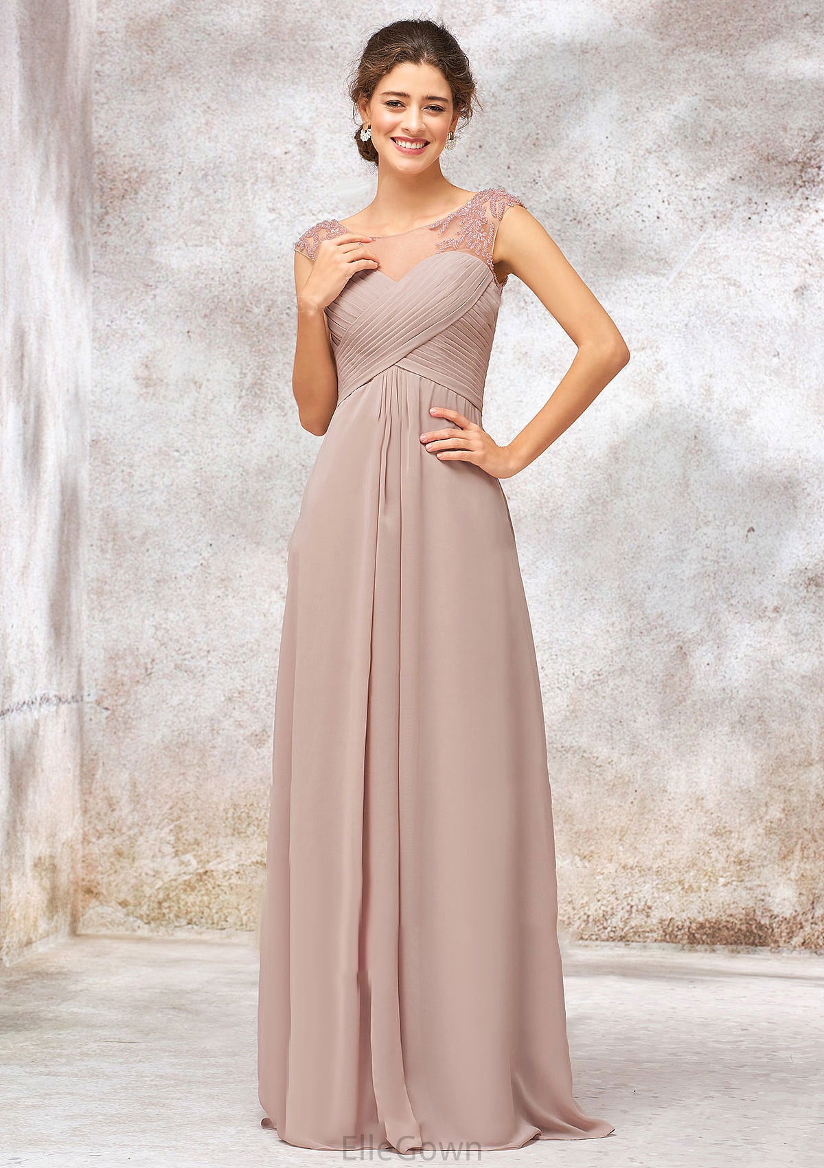 Illusion Neck Long/Floor-Length Chiffon A-line/Princess Bridesmaid Dresses  With Sequins Pleated Beading Jocelyn DEP0025334