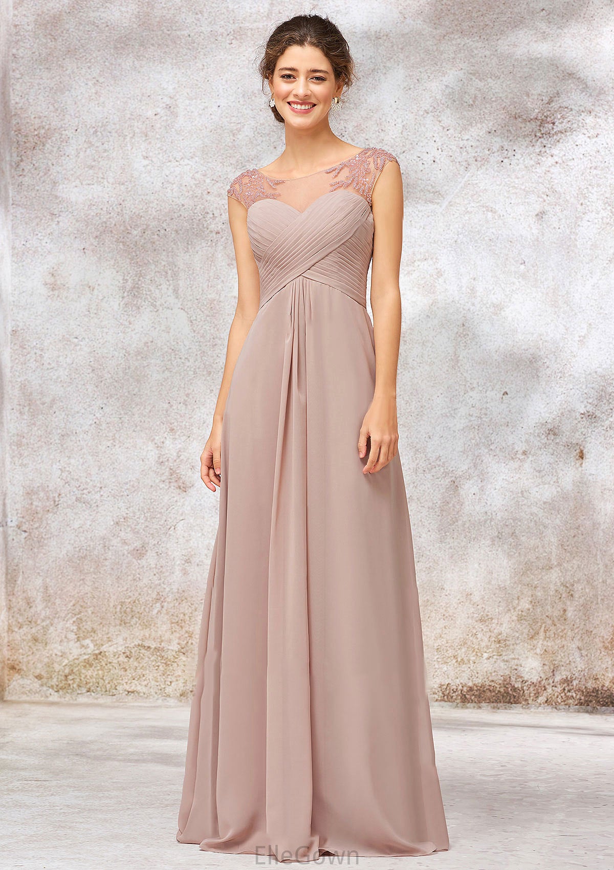 Illusion Neck Long/Floor-Length Chiffon A-line/Princess Bridesmaid Dresses  With Sequins Pleated Beading Jocelyn DEP0025334