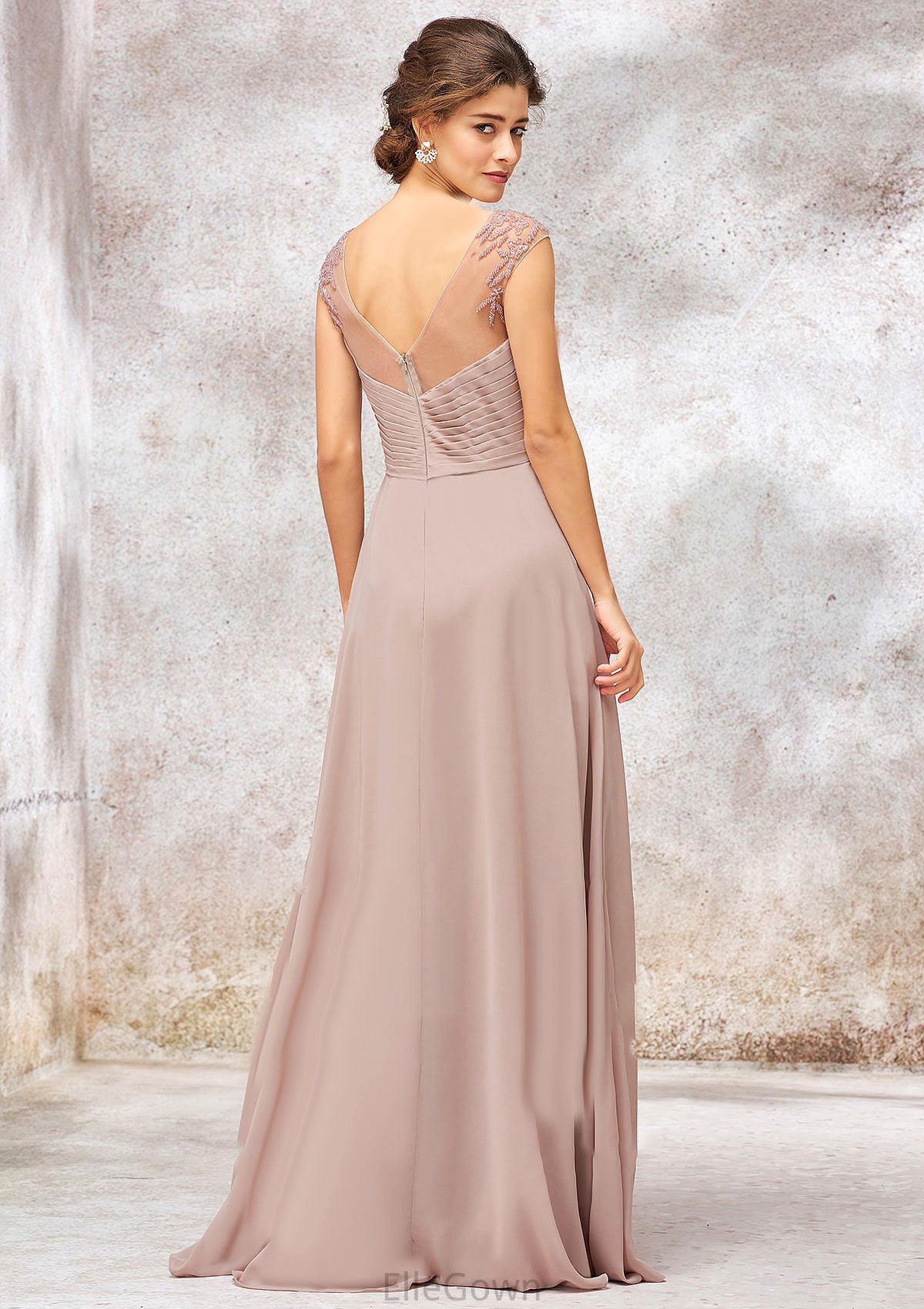 Illusion Neck Long/Floor-Length Chiffon A-line/Princess Bridesmaid Dresses  With Sequins Pleated Beading Jocelyn DEP0025334