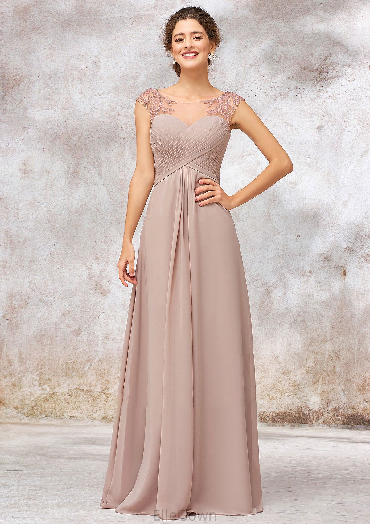 Illusion Neck Long/Floor-Length Chiffon A-line/Princess Bridesmaid Dresses  With Sequins Pleated Beading Jocelyn DEP0025334