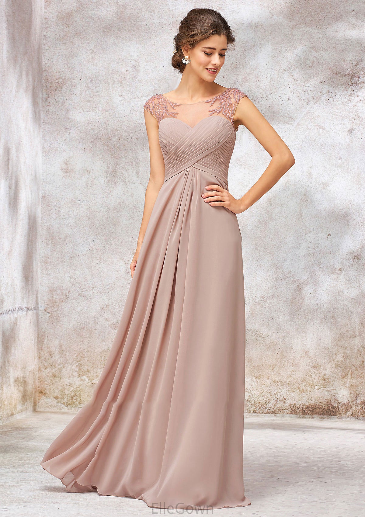 Illusion Neck Long/Floor-Length Chiffon A-line/Princess Bridesmaid Dresses  With Sequins Pleated Beading Jocelyn DEP0025334