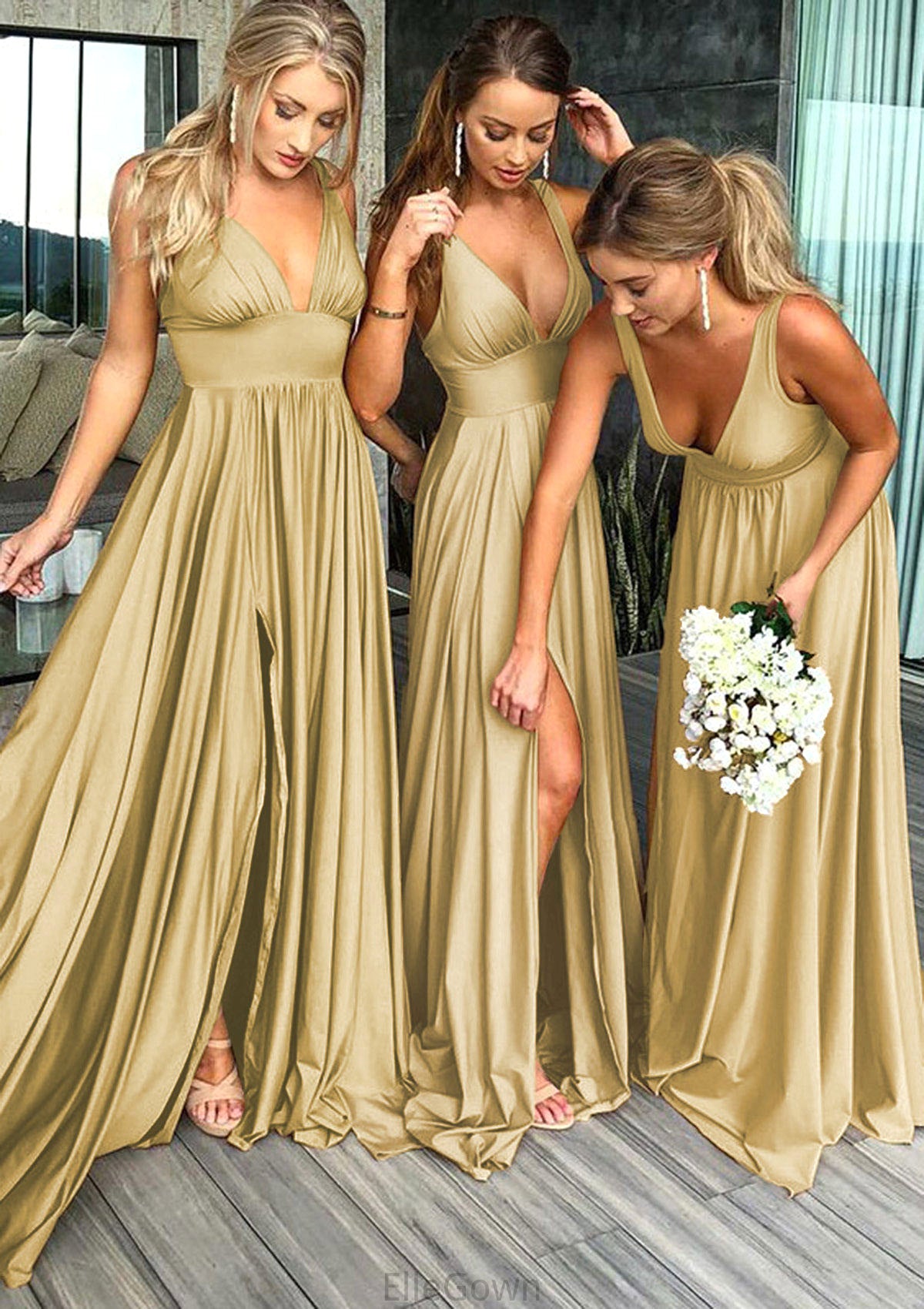 A-Line/Princess V-Neck Sweep Train Jersey Bridesmaid Dresses With Split Front Pleated Waistband Campbell DEP0025336