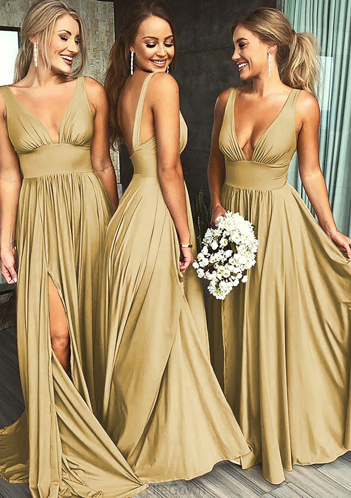 A-Line/Princess V-Neck Sweep Train Jersey Bridesmaid Dresses With Split Front Pleated Waistband Campbell DEP0025336