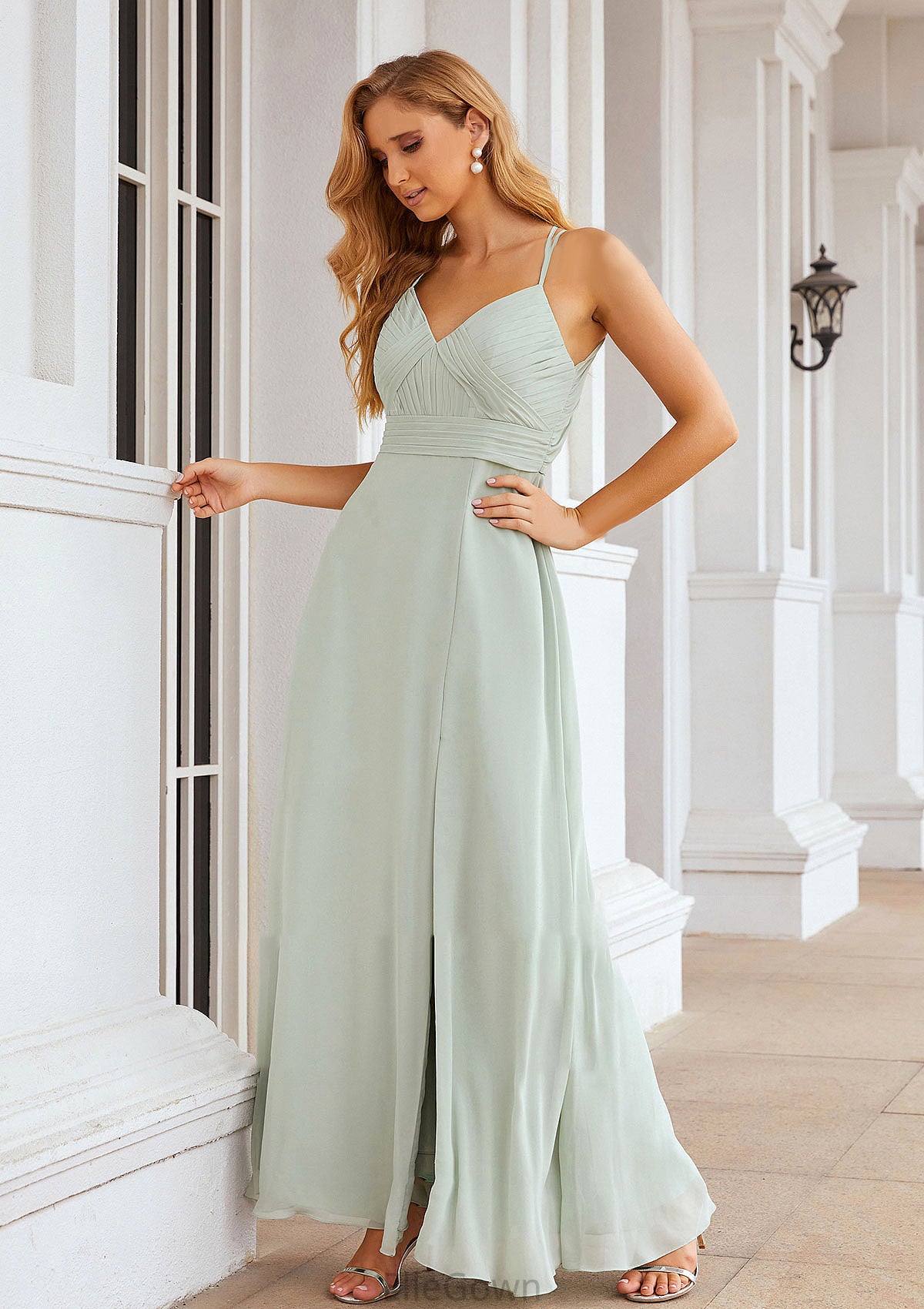 A-line Sweetheart Sleeveless Long/Floor-Length Chiffon Bridesmaid Dresses With Pleated Split.co.uk Hannah DEP0025339