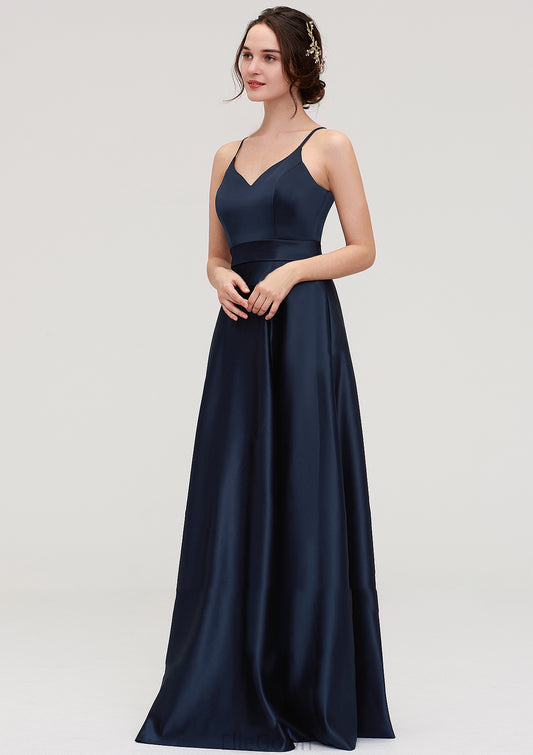 V Neck Sleeveless Long/Floor-Length Satin A-line/Princess Bridesmaid Dresseses Priscilla DEP0025345