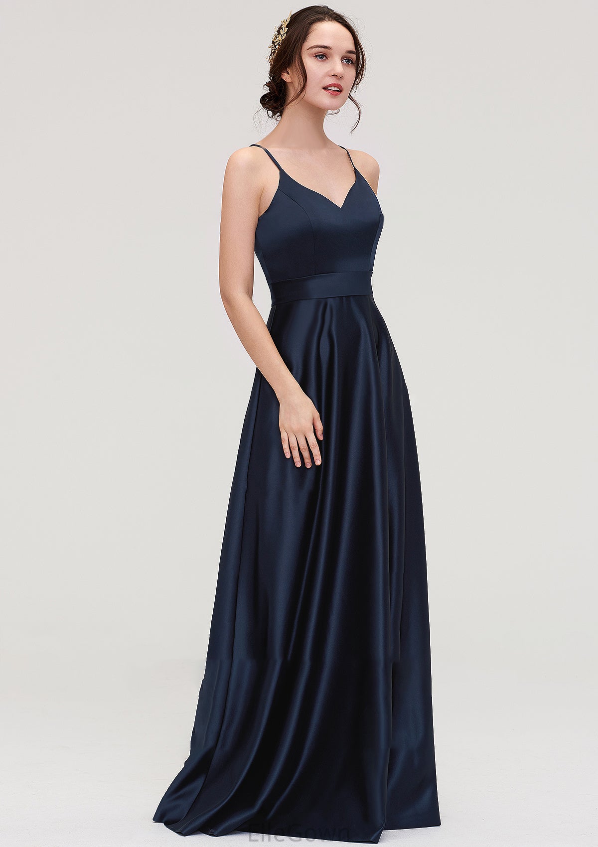 V Neck Sleeveless Long/Floor-Length Satin A-line/Princess Bridesmaid Dresseses Priscilla DEP0025345