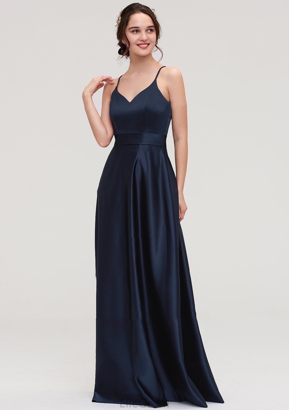 V Neck Sleeveless Long/Floor-Length Satin A-line/Princess Bridesmaid Dresseses Priscilla DEP0025345