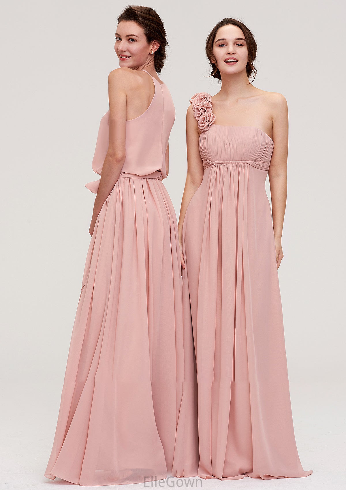 Sleeveless One-Shoulder Long/Floor-Length Chiffon A-line/Princess Bridesmaid Dresses With Pleated Flowers Mimi DEP0025346