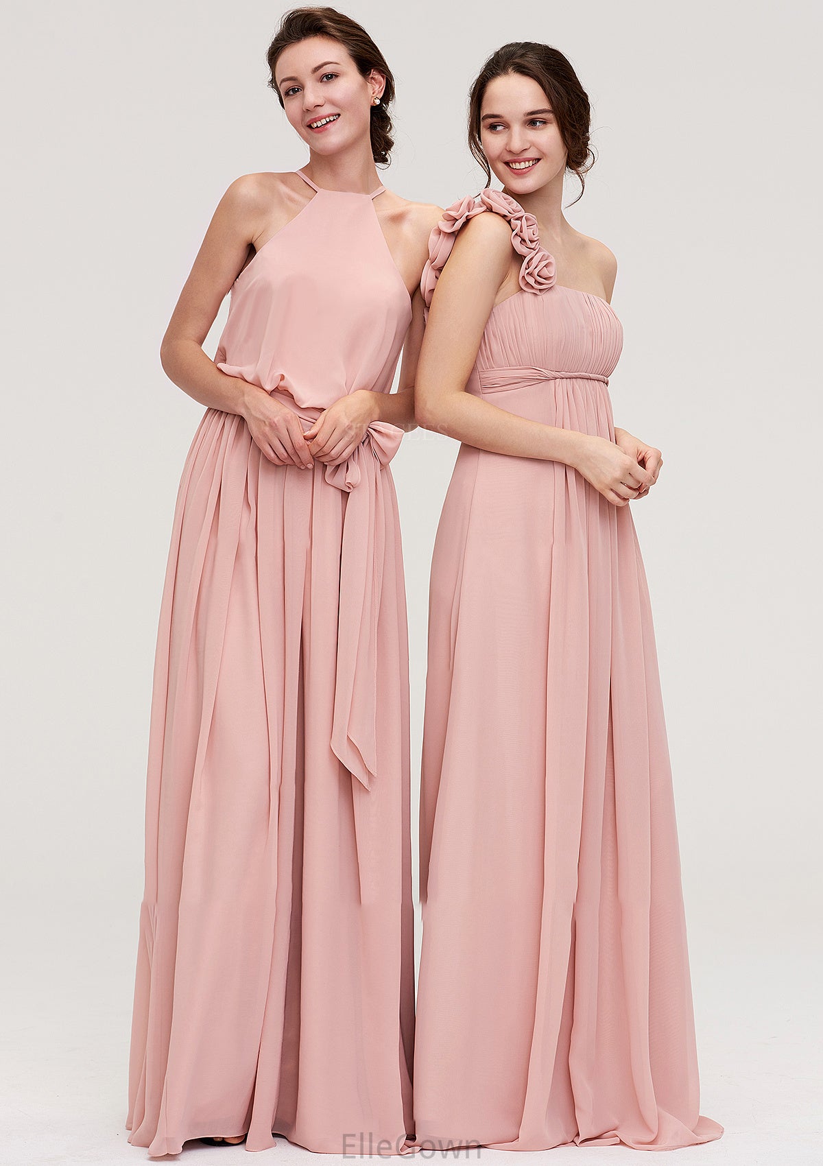 Sleeveless One-Shoulder Long/Floor-Length Chiffon A-line/Princess Bridesmaid Dresses With Pleated Flowers Mimi DEP0025346