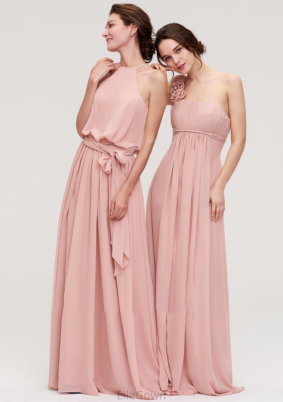 Sleeveless One-Shoulder Long/Floor-Length Chiffon A-line/Princess Bridesmaid Dresses With Pleated Flowers Mimi DEP0025346