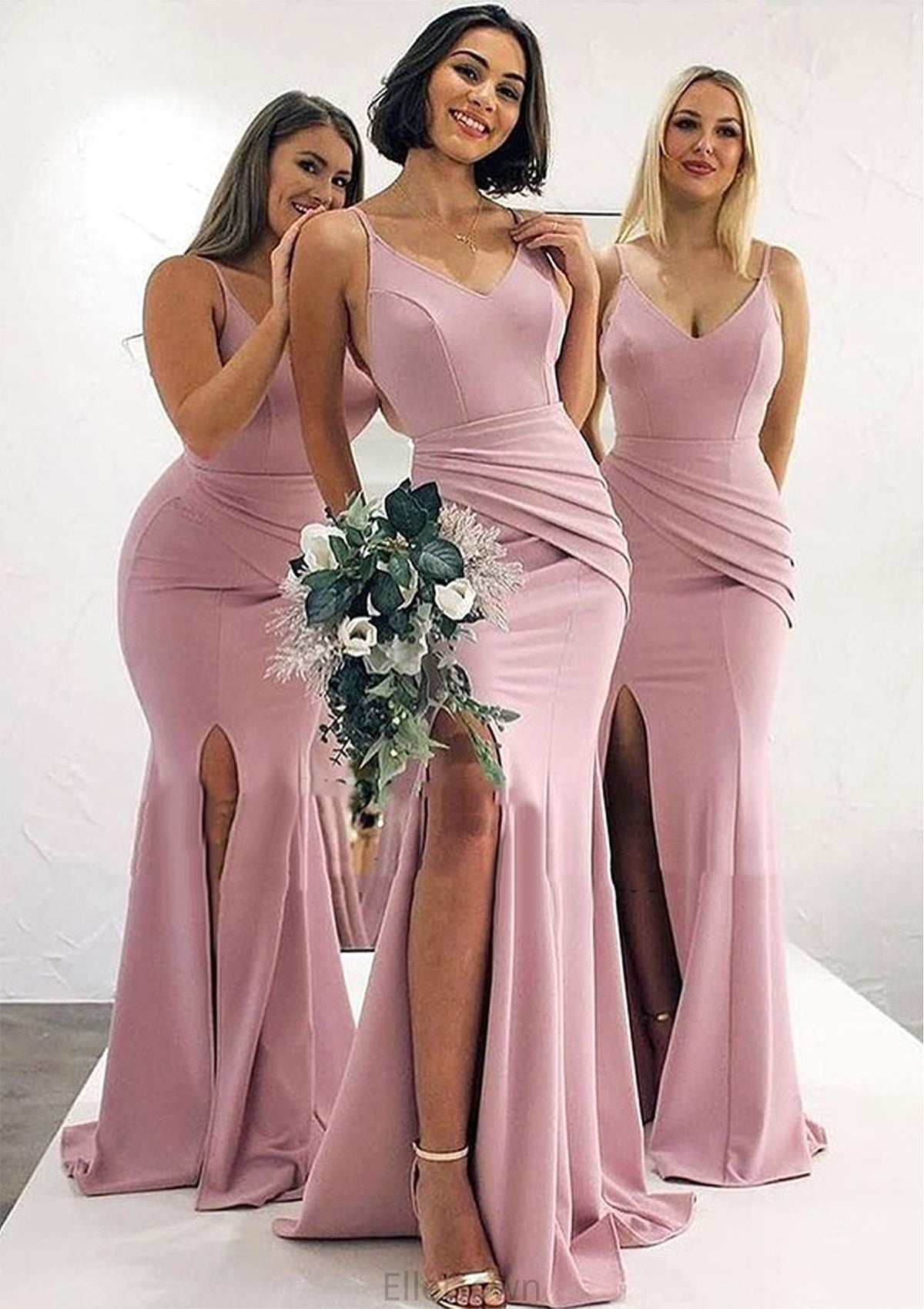 Trumpet/Mermaid V Neck Sleeveless Long/Floor-Length Elastic Satin Bridesmaid Dresses With Pleated Split Brooklynn DEP0025347