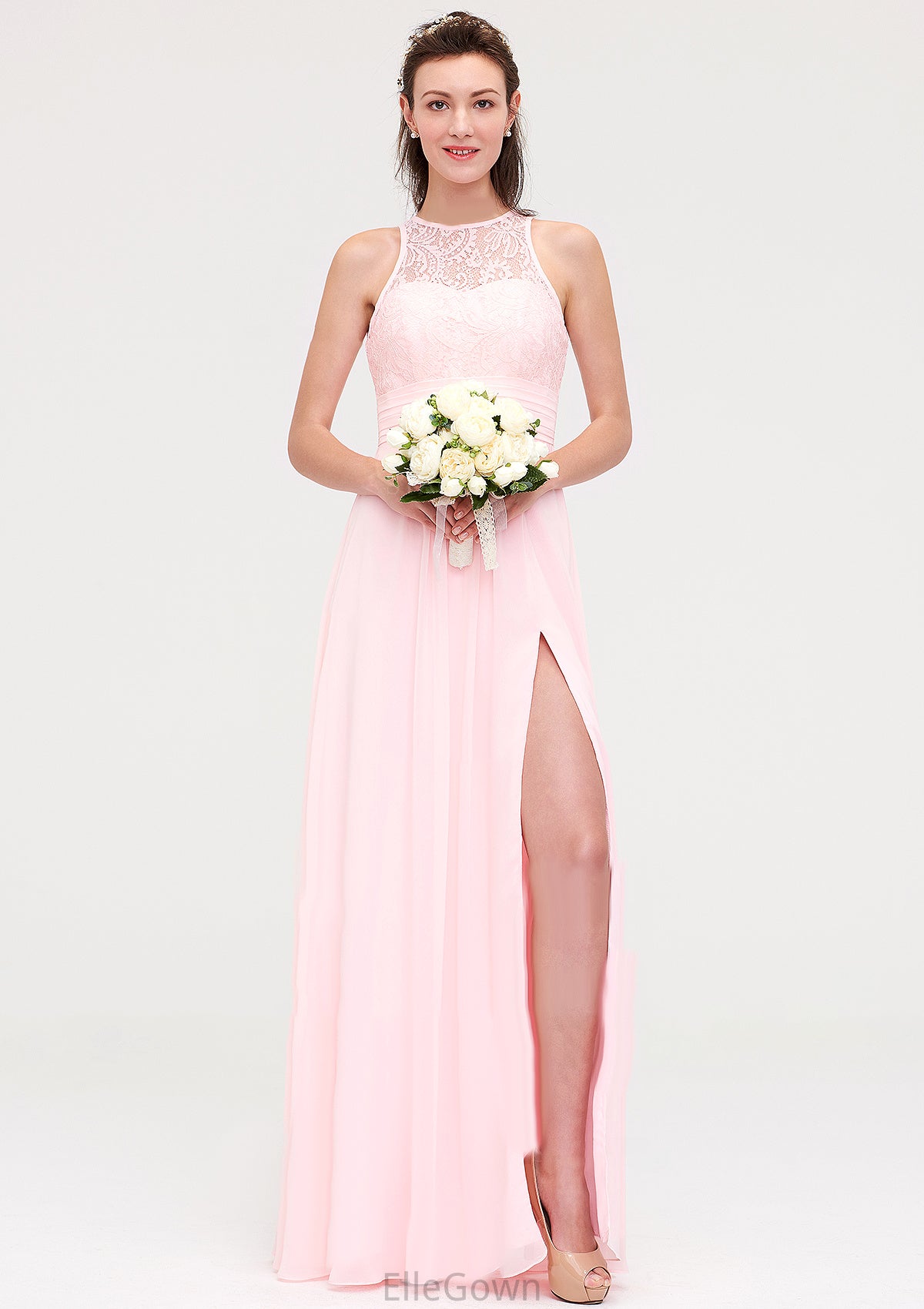 Sleeveless Scoop Neck Chiffon A-line/Princess Long/Floor-Length Bridesmaid Dresseses With Split Lace Alyson DEP0025349