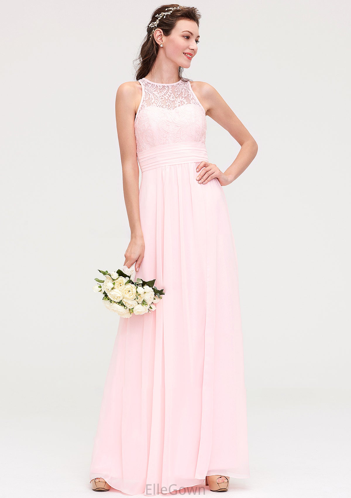 Sleeveless Scoop Neck Chiffon A-line/Princess Long/Floor-Length Bridesmaid Dresseses With Split Lace Alyson DEP0025349