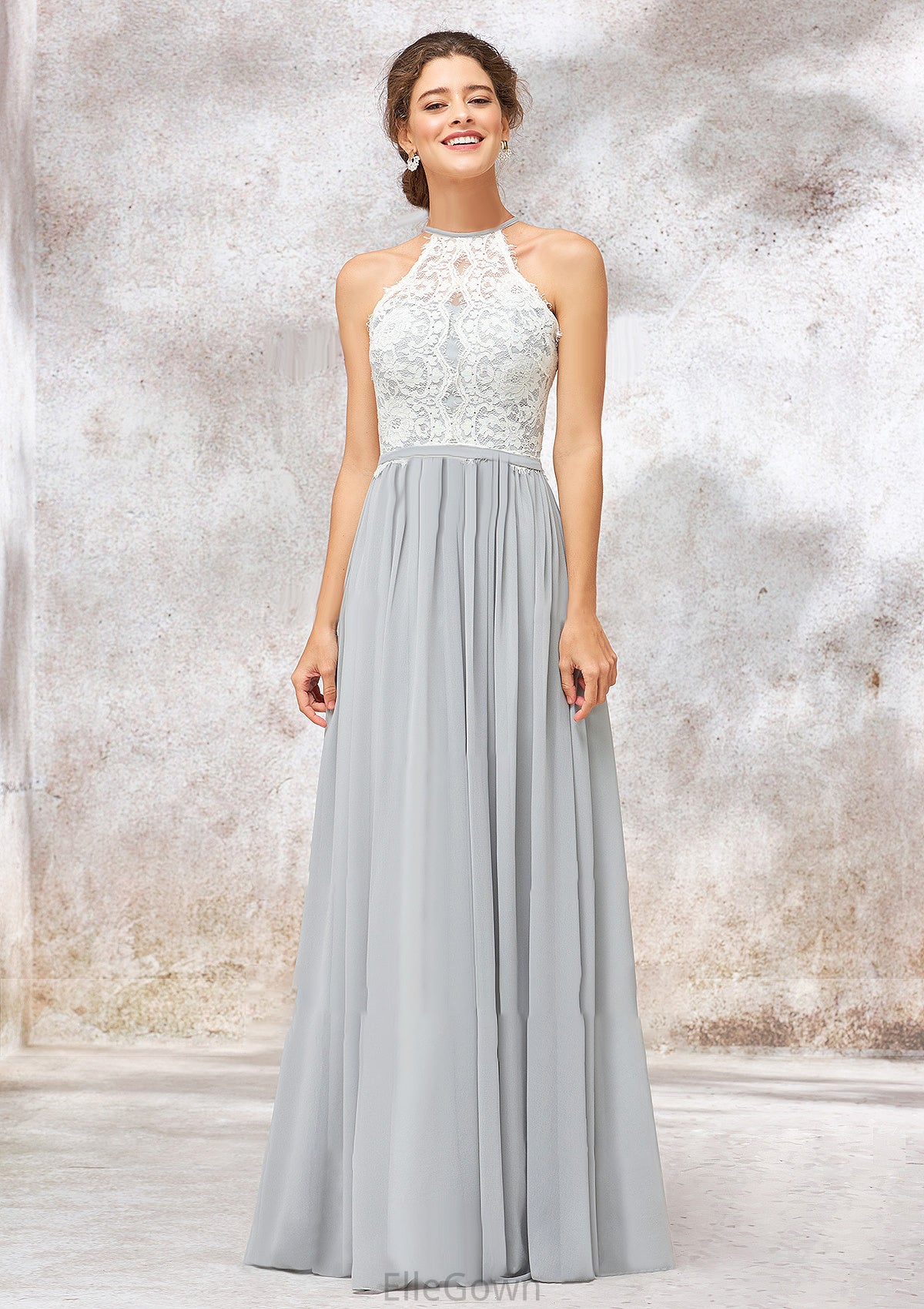 Scoop Neck A-line/Princess Sleeveless Chiffon Long/Floor-Length Bridesmaid Dresses With Lace Sharon DEP0025350