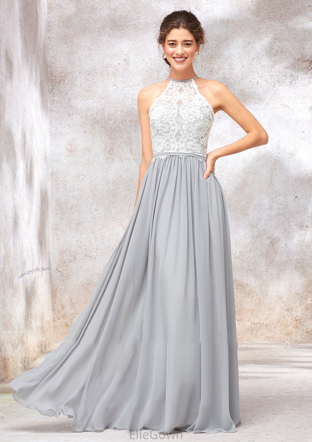 Scoop Neck A-line/Princess Sleeveless Chiffon Long/Floor-Length Bridesmaid Dresses With Lace Sharon DEP0025350