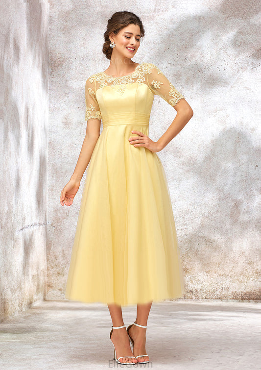 Short Sleeve A-line/Princess Tulle Bateau Bridesmaid Dresses With Lace Appliqued Aryana DEP0025351