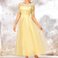 Short Sleeve A-line/Princess Tulle Bateau Bridesmaid Dresses With Lace Appliqued Aryana DEP0025351