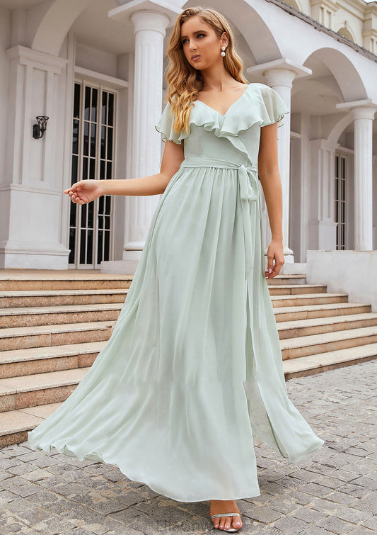 A-line V Neck Short Sleeve Long/Floor-Length Chiffon Bridesmaid Dresses With Sashes Ruffles Nayeli DEP0025352