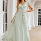 A-line V Neck Short Sleeve Long/Floor-Length Chiffon Bridesmaid Dresses With Sashes Ruffles Nayeli DEP0025352