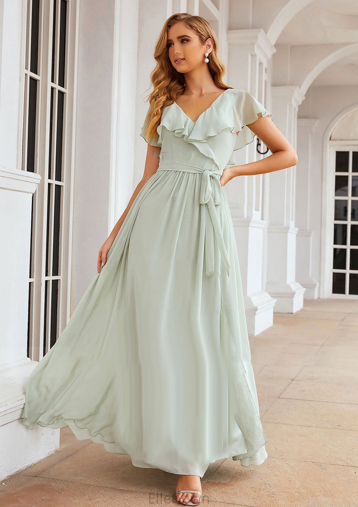 A-line V Neck Short Sleeve Long/Floor-Length Chiffon Bridesmaid Dresses With Sashes Ruffles Nayeli DEP0025352