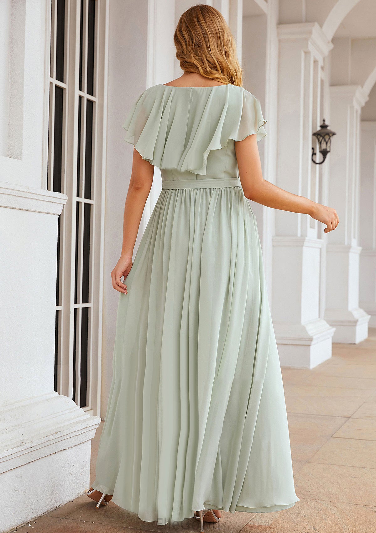 A-line V Neck Short Sleeve Long/Floor-Length Chiffon Bridesmaid Dresses With Sashes Ruffles Nayeli DEP0025352