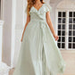 A-line V Neck Short Sleeve Long/Floor-Length Chiffon Bridesmaid Dresses With Sashes Ruffles Nayeli DEP0025352