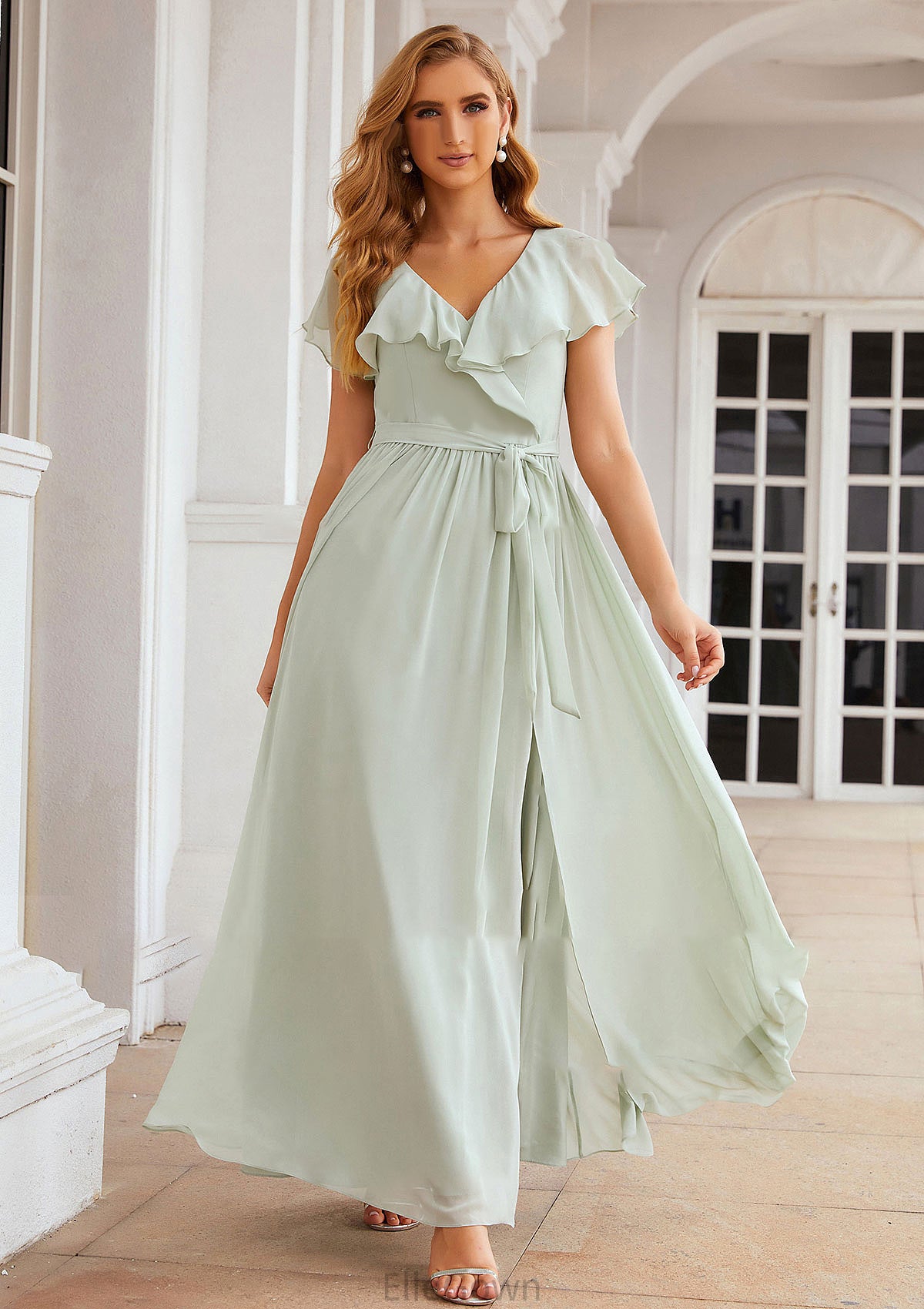 A-line V Neck Short Sleeve Long/Floor-Length Chiffon Bridesmaid Dresses With Sashes Ruffles Nayeli DEP0025352