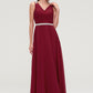 V Neck Sleeveless Chiffon A-line/Princess Long/Floor-Length Bridesmaid Dresseses With Waistband Beading Pleated Nita DEP0025355