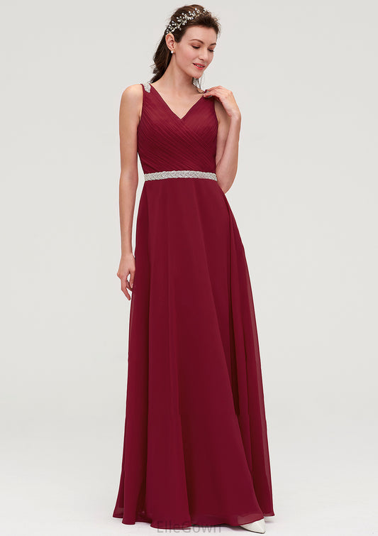 V Neck Sleeveless Chiffon A-line/Princess Long/Floor-Length Bridesmaid Dresseses With Waistband Beading Pleated Nita DEP0025355