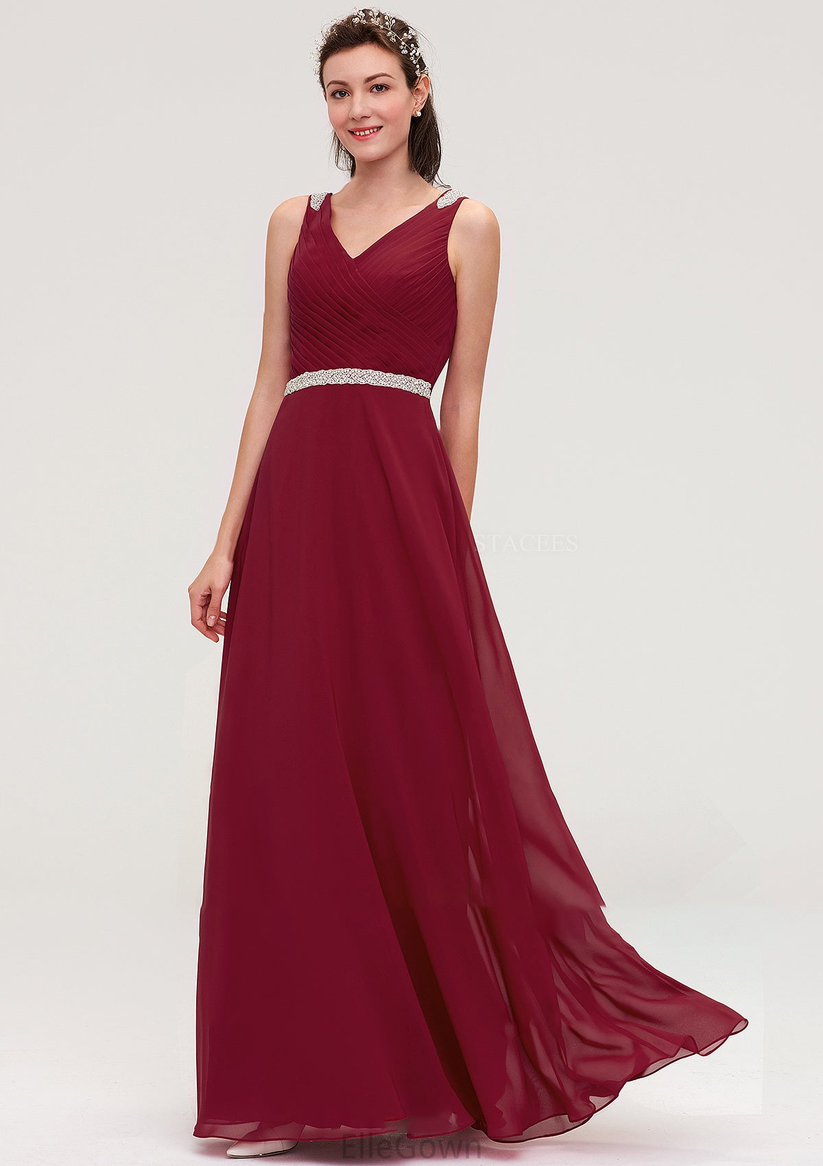 V Neck Sleeveless Chiffon A-line/Princess Long/Floor-Length Bridesmaid Dresseses With Waistband Beading Pleated Nita DEP0025355