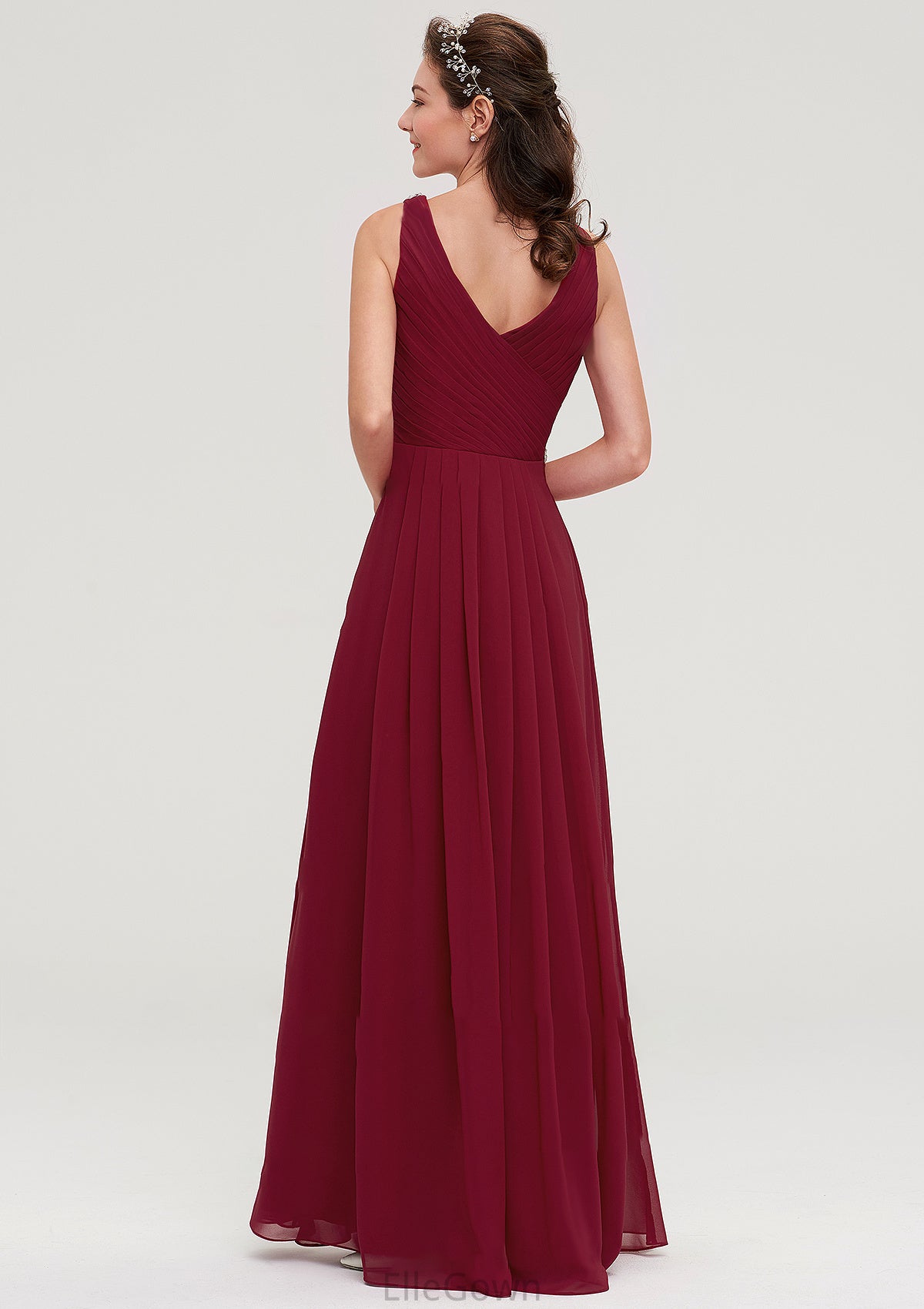 V Neck Sleeveless Chiffon A-line/Princess Long/Floor-Length Bridesmaid Dresseses With Waistband Beading Pleated Nita DEP0025355