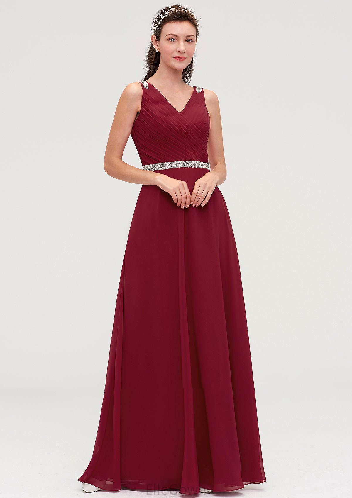 V Neck Sleeveless Chiffon A-line/Princess Long/Floor-Length Bridesmaid Dresseses With Waistband Beading Pleated Nita DEP0025355