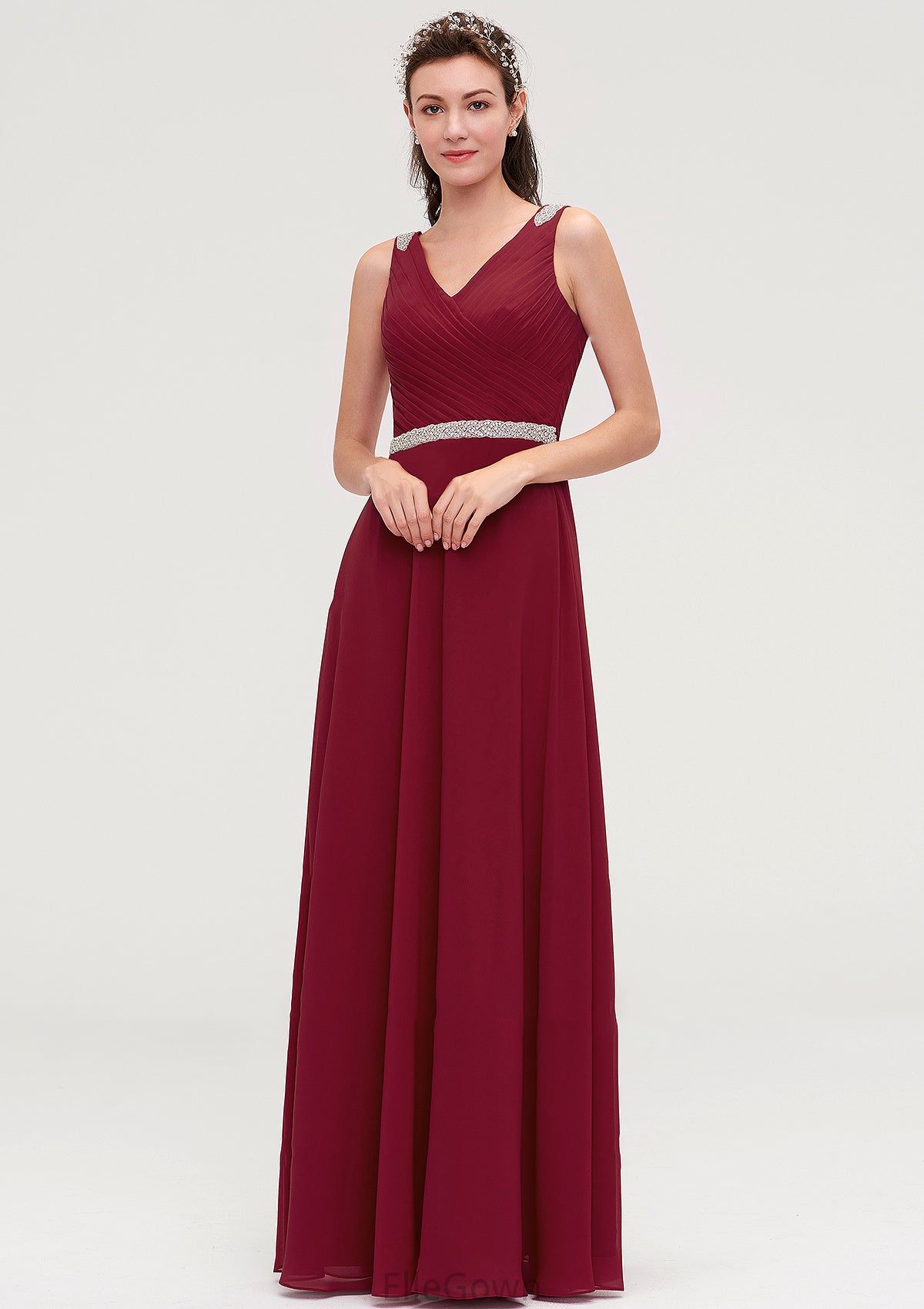 V Neck Sleeveless Chiffon A-line/Princess Long/Floor-Length Bridesmaid Dresseses With Waistband Beading Pleated Nita DEP0025355