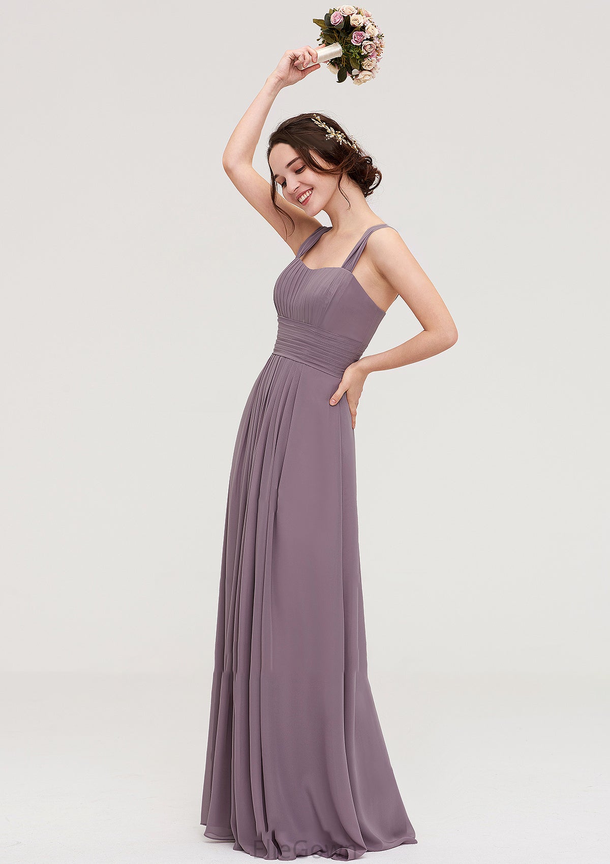 Square Neckline Sleeveless Chiffon Long/Floor-Length A-line/Princess Bridesmaid Dresses With Pleated Dalia DEP0025356