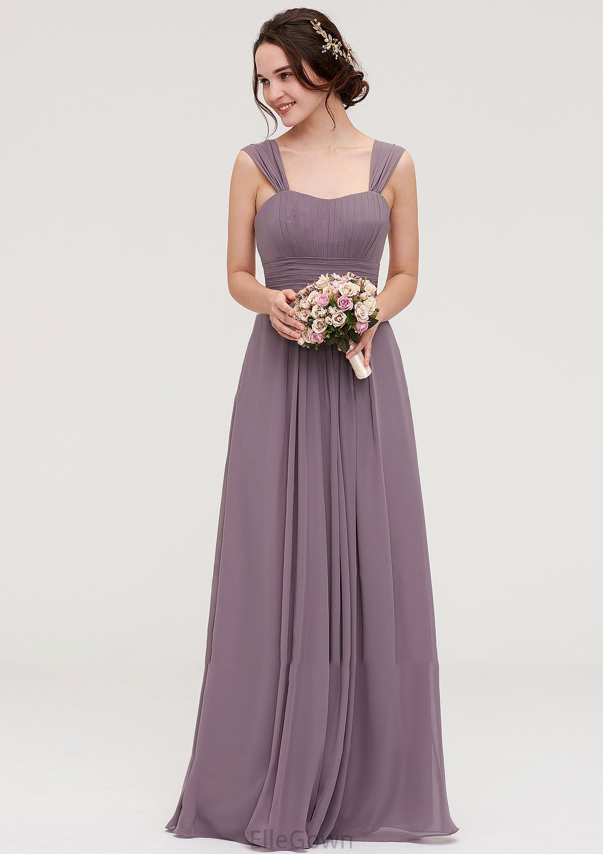 Square Neckline Sleeveless Chiffon Long/Floor-Length A-line/Princess Bridesmaid Dresses With Pleated Dalia DEP0025356